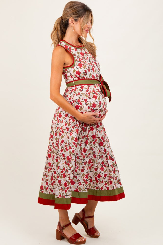Cream Floral Contrast Trim Sleeveless Maternity Midi Dress
