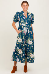 Deep Teal Floral Puff Sleeve Button Down Maternity Midi Dress
