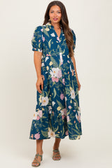 Deep Teal Floral Puff Sleeve Button Down Maternity Midi Dress