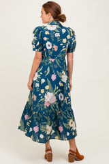 Deep Teal Floral Puff Sleeve Button Down Midi Dress