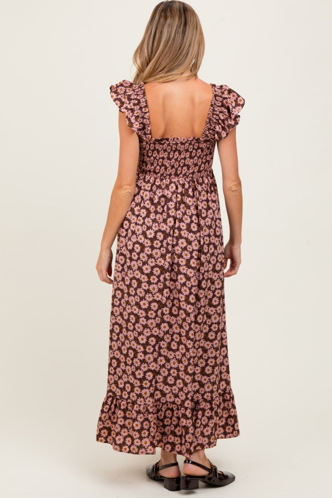 Brown Floral Smocked Maternity Midi Dress