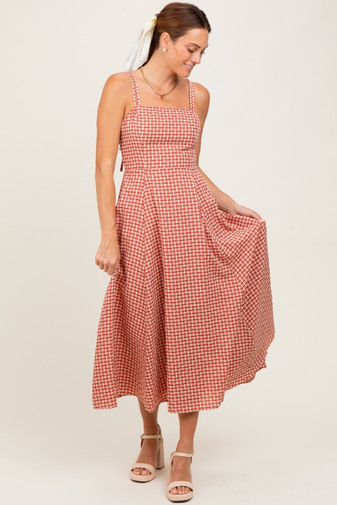Red Plaid Double Strap Sleeveless Midi Dress