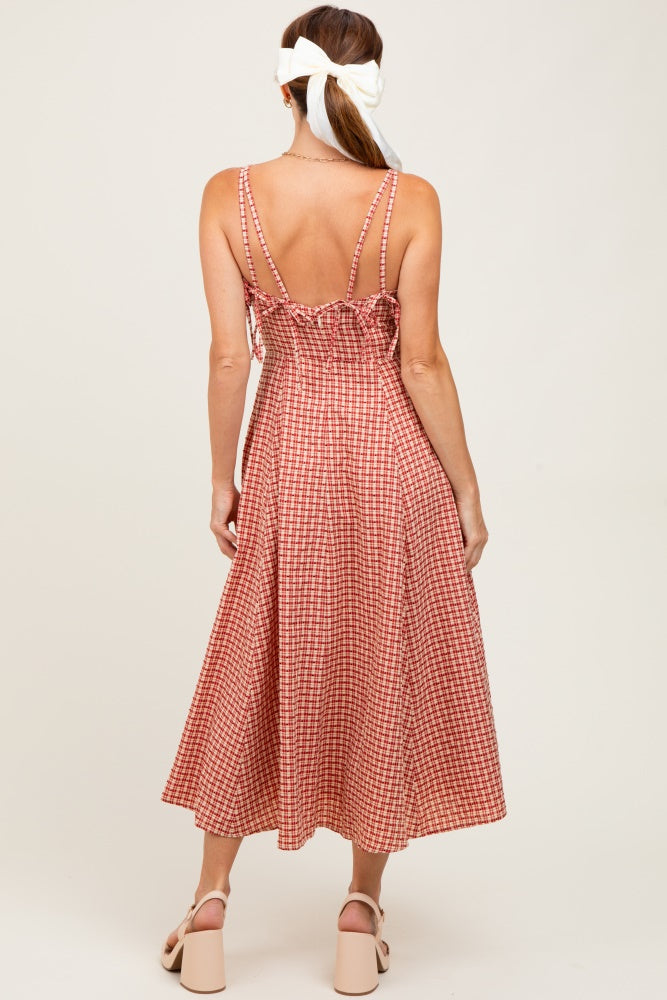 Red Plaid Double Strap Sleeveless Midi Dress