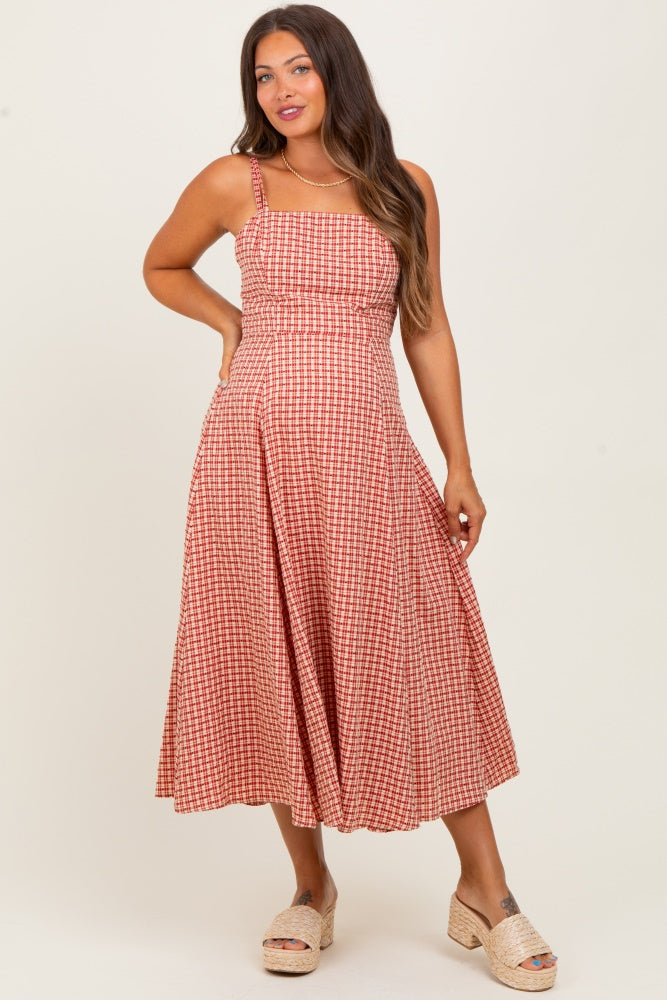 Red Plaid Double Strap Sleeveless Maternity Midi Dress