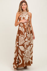 Camel Floral Halter Sleeveless Maternity Maxi Dress
