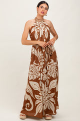 Camel Floral Halter Sleeveless Maternity Maxi Dress