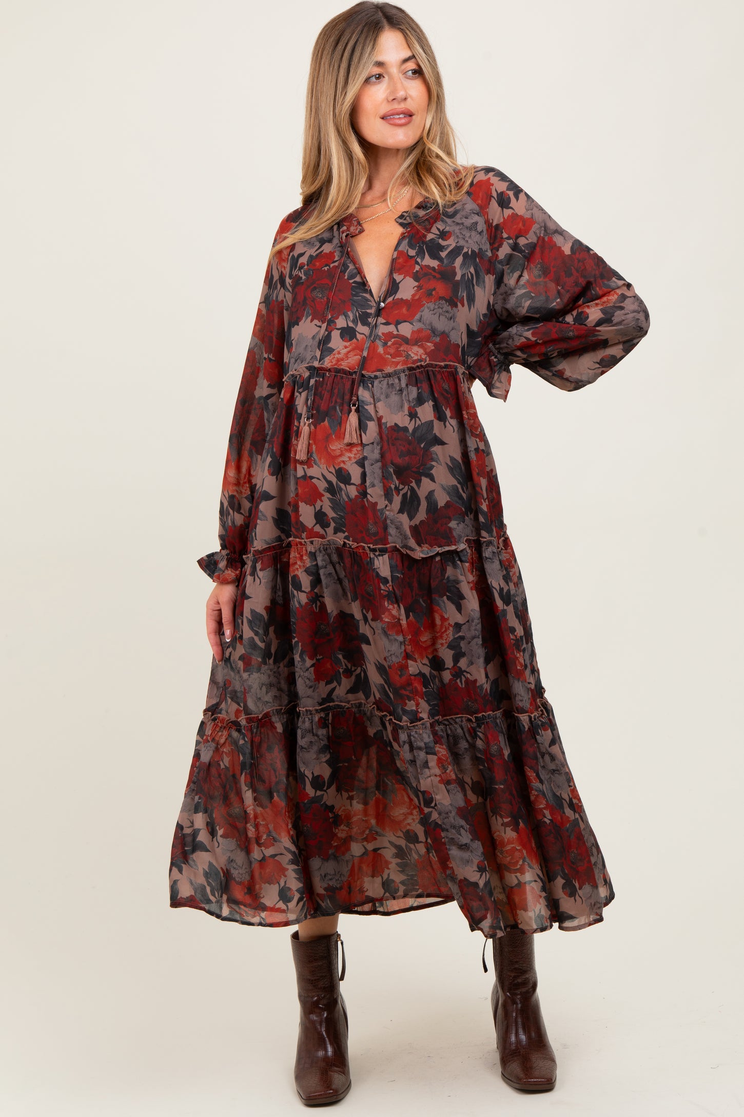 Beige Floral Chiffon Ruffle Tiered Maternity Midi Dress