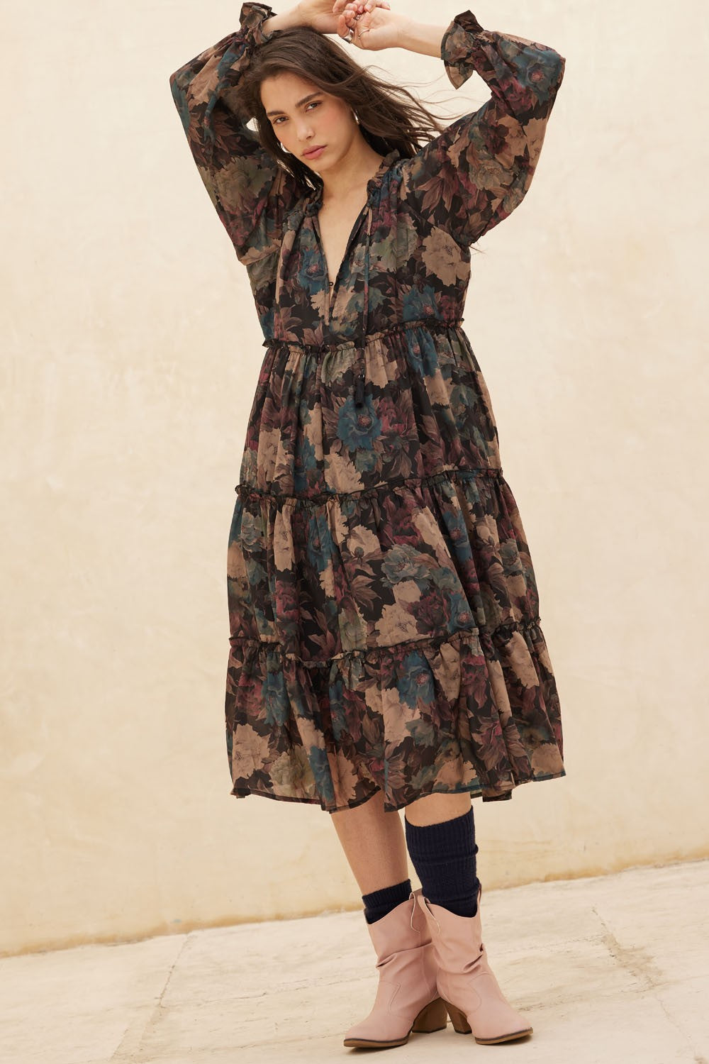 Black Floral Chiffon Ruffle Tiered Maternity Midi Dress