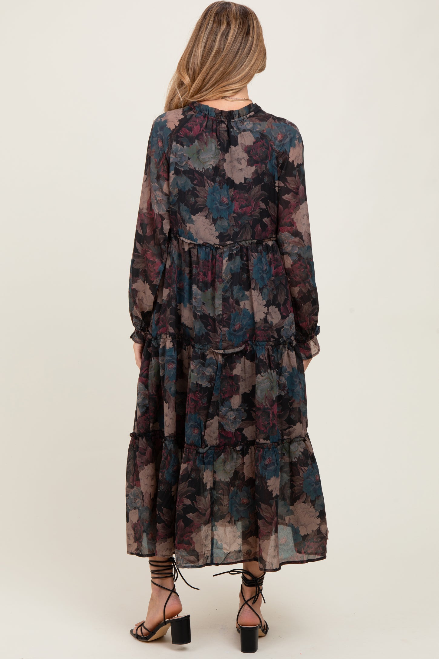 Black Floral Chiffon Ruffle Tiered Maternity Midi Dress