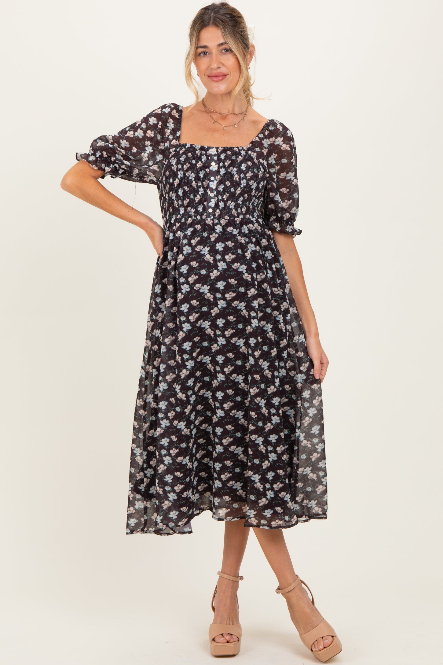 Brown Floral Smocked Puff Sleeve Maternity Midi Dress