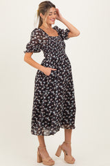 Brown Floral Smocked Puff Sleeve Maternity Midi Dress