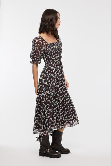 Brown Floral Smocked Puff Sleeve Midi Dress