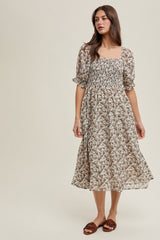Cream Floral Smocked Puff Sleeve Maternity Midi Dress