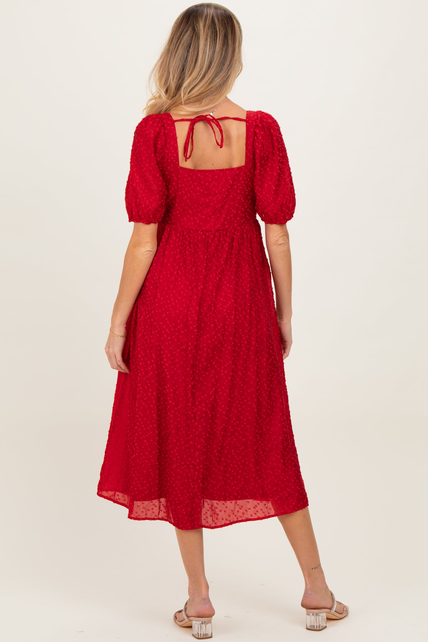 Red Swiss Dot Puff Sleeve Maternity Midi Dress