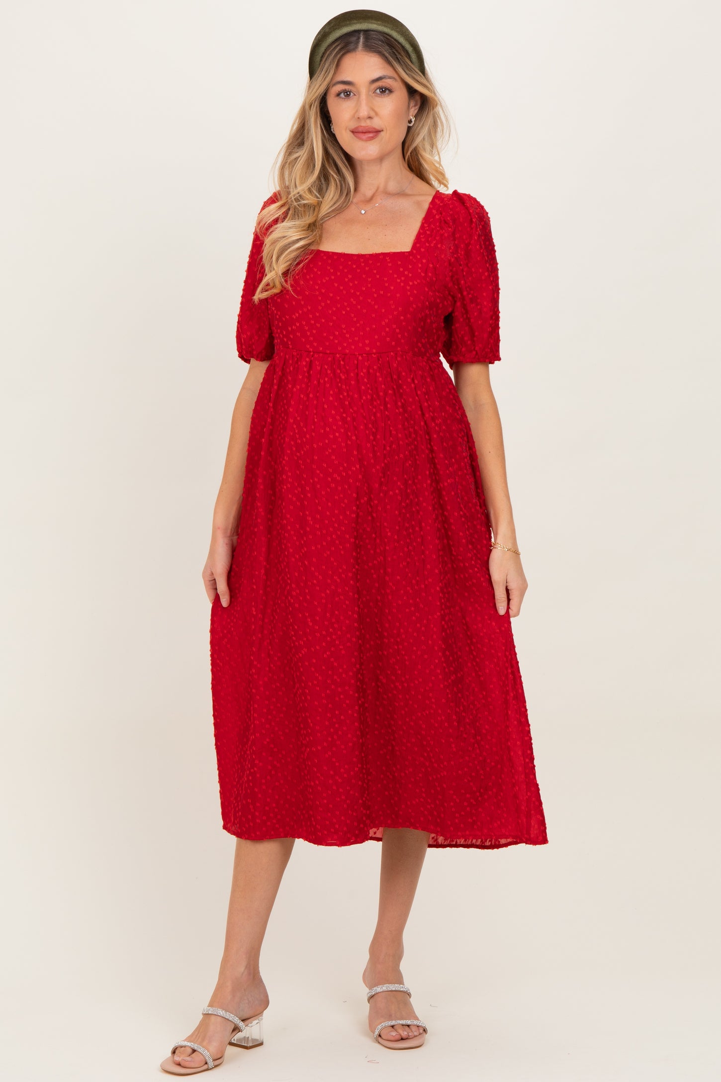 Red Swiss Dot Puff Sleeve Maternity Midi Dress