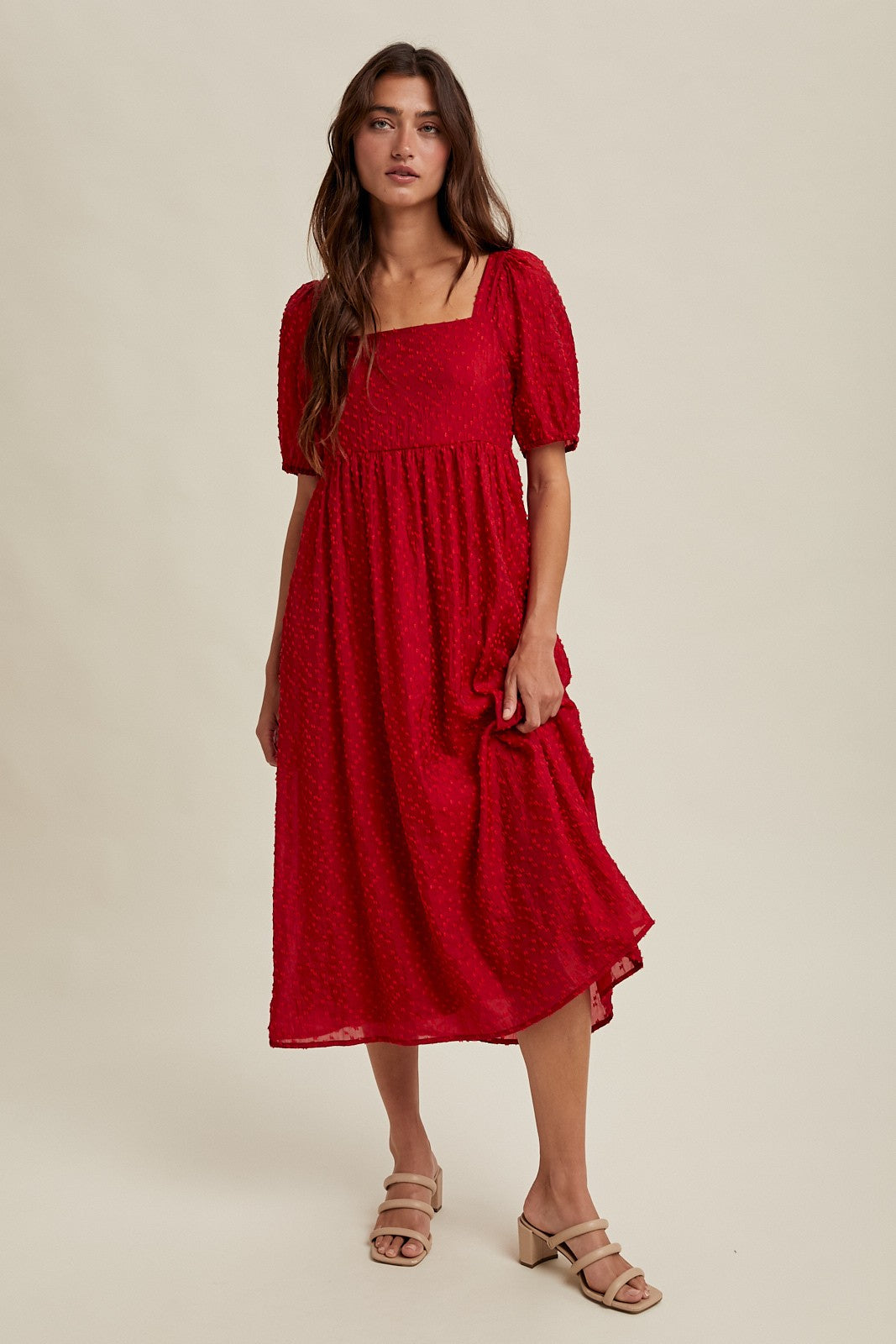 Red Swiss Dot Puff Sleeve Maternity Midi Dress