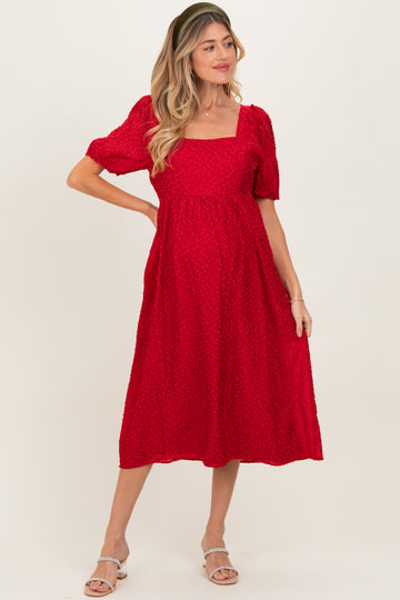 Red Swiss Dot Puff Sleeve Maternity Midi Dress