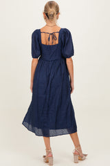 Navy Swiss Dot Puff Sleeve Maternity Midi Dress