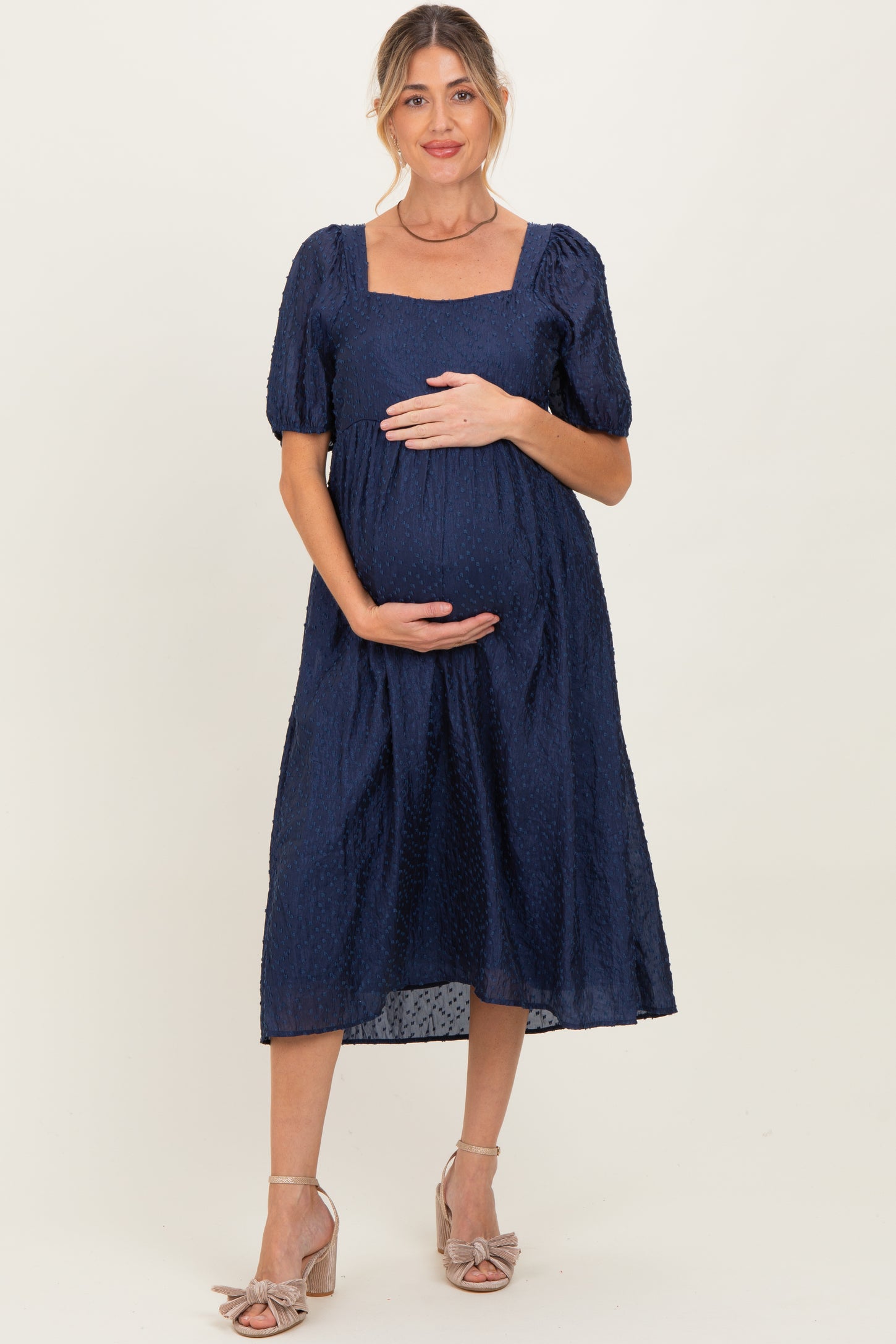 Navy Swiss Dot Puff Sleeve Maternity Midi Dress