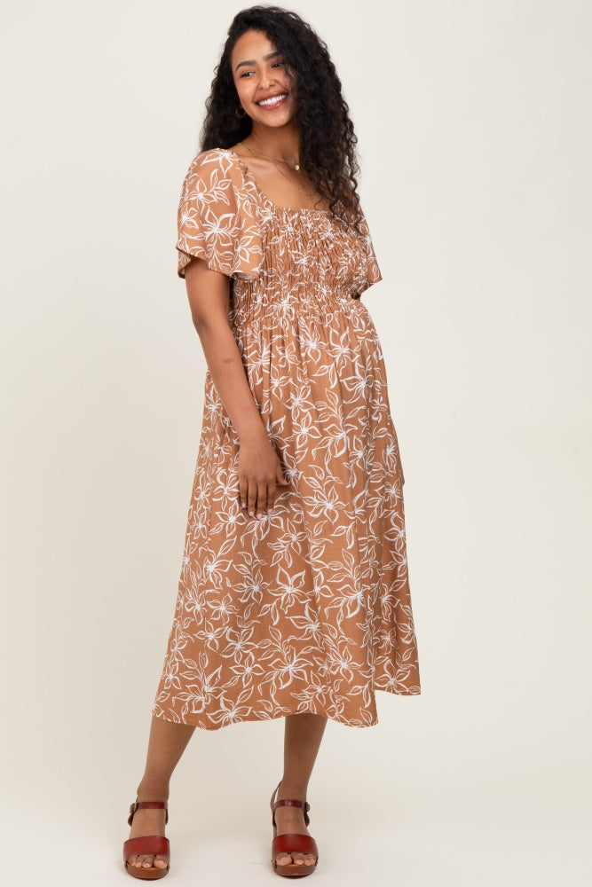 Mocha Floral Print Smocked Maternity Midi Dress