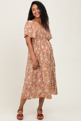 Mocha Floral Print Smocked Maternity Midi Dress