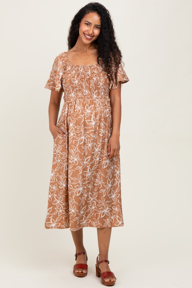 Mocha Floral Print Smocked Maternity Midi Dress