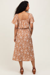 Mocha Floral Print Smocked Maternity Midi Dress