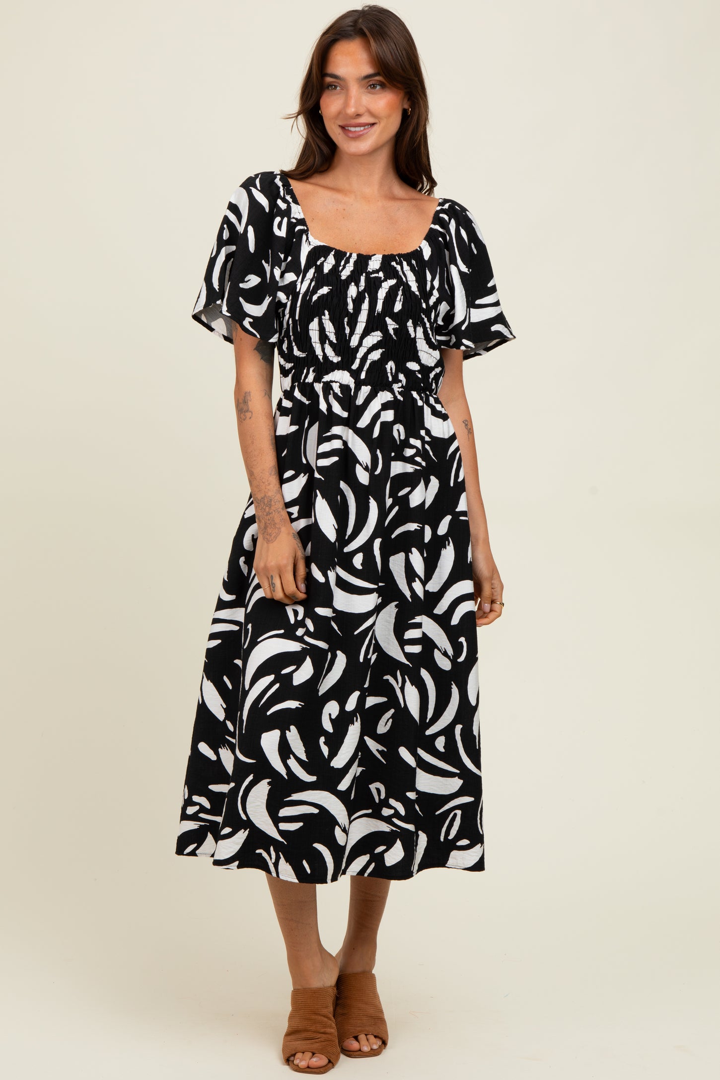 Black Printed Smocked Midi Dress