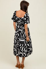 Black Printed Smocked Midi Dress