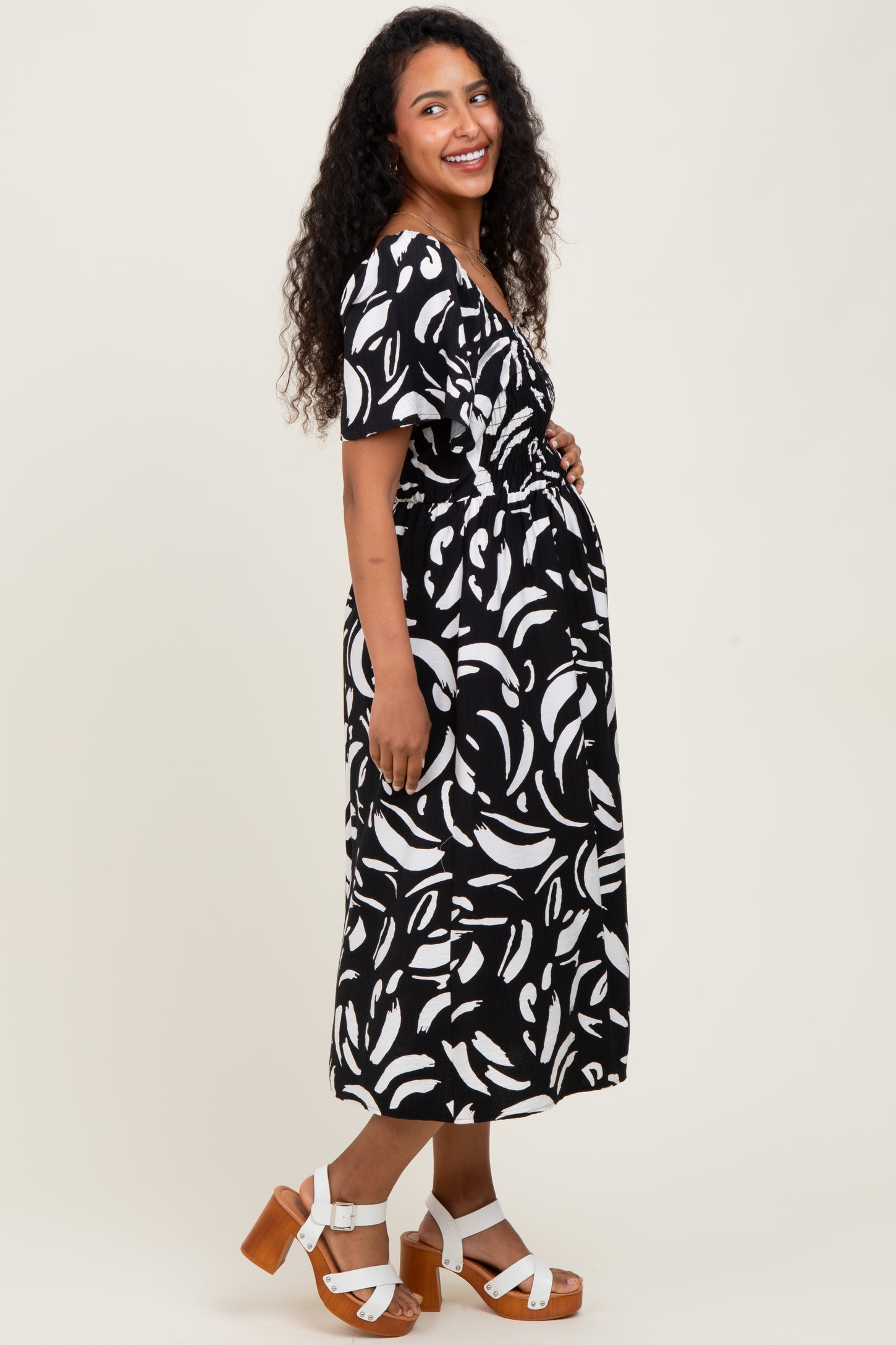 Black Printed Smocked Maternity Midi Dress