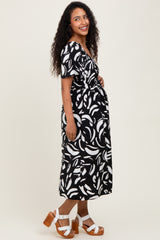 Black Printed Smocked Maternity Midi Dress