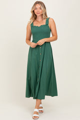 Green Smocked Sleeveless Button Down Midi Dress