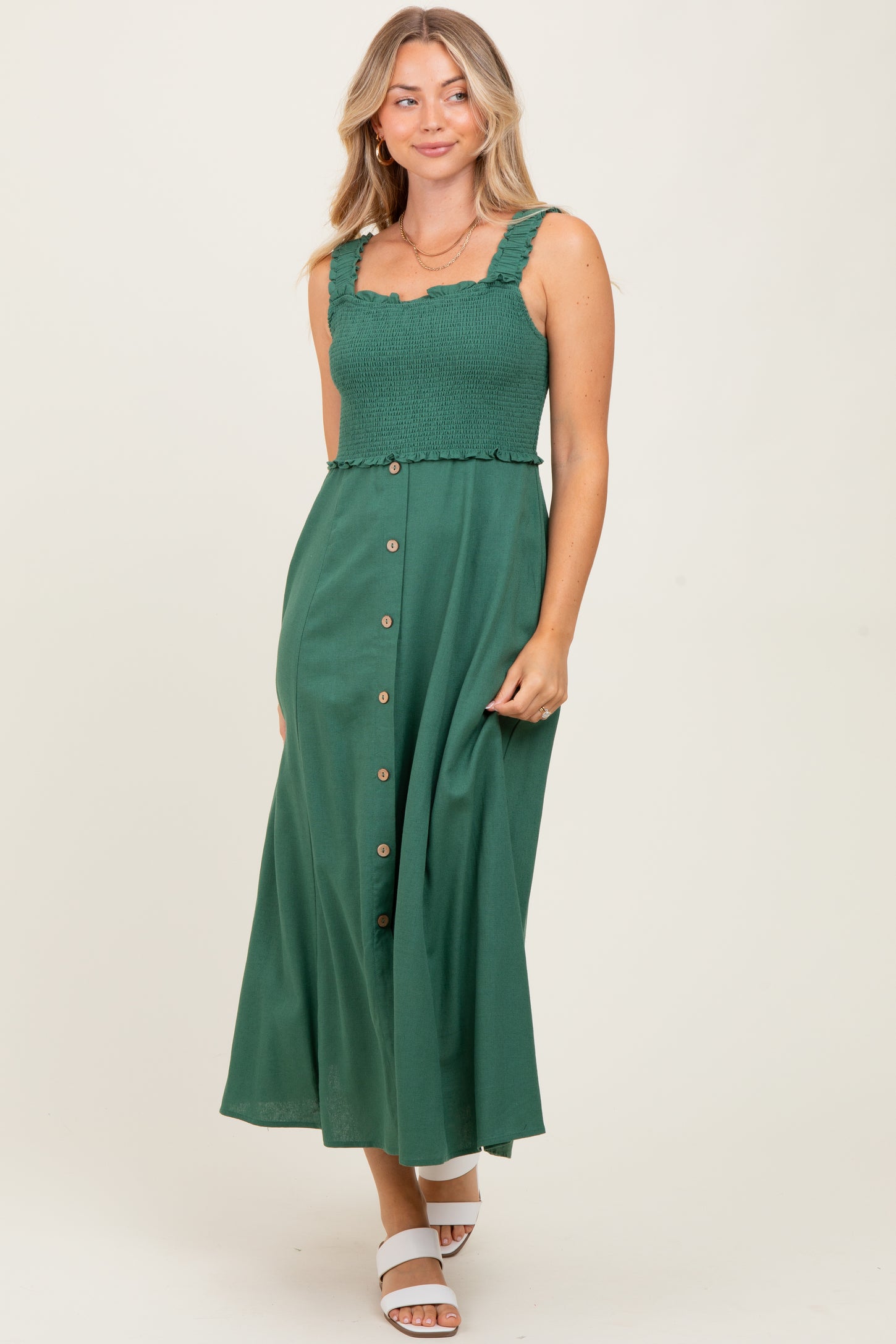 Green Smocked Sleeveless Button Down Midi Dress