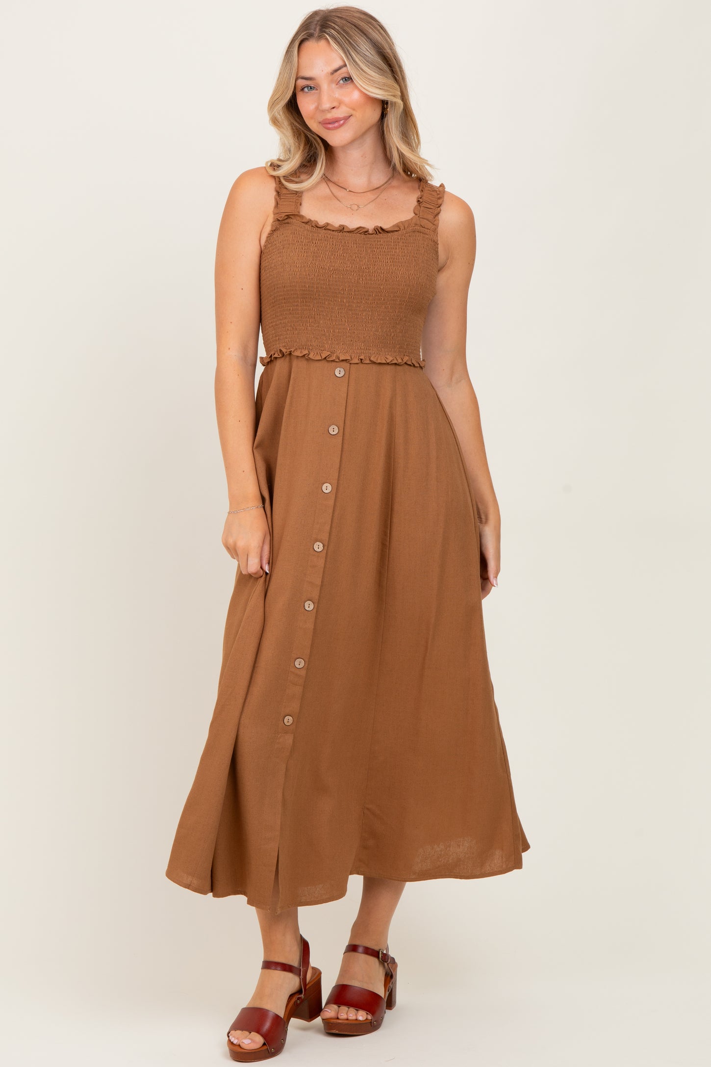 Camel Smocked Sleeveless Button Down Maternity Midi Dress