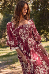 Burgundy Floral Smocked 3/4 Sleeve Midi Dress