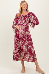 Burgundy Floral Smocked 3/4 Sleeve Maternity Midi Dress