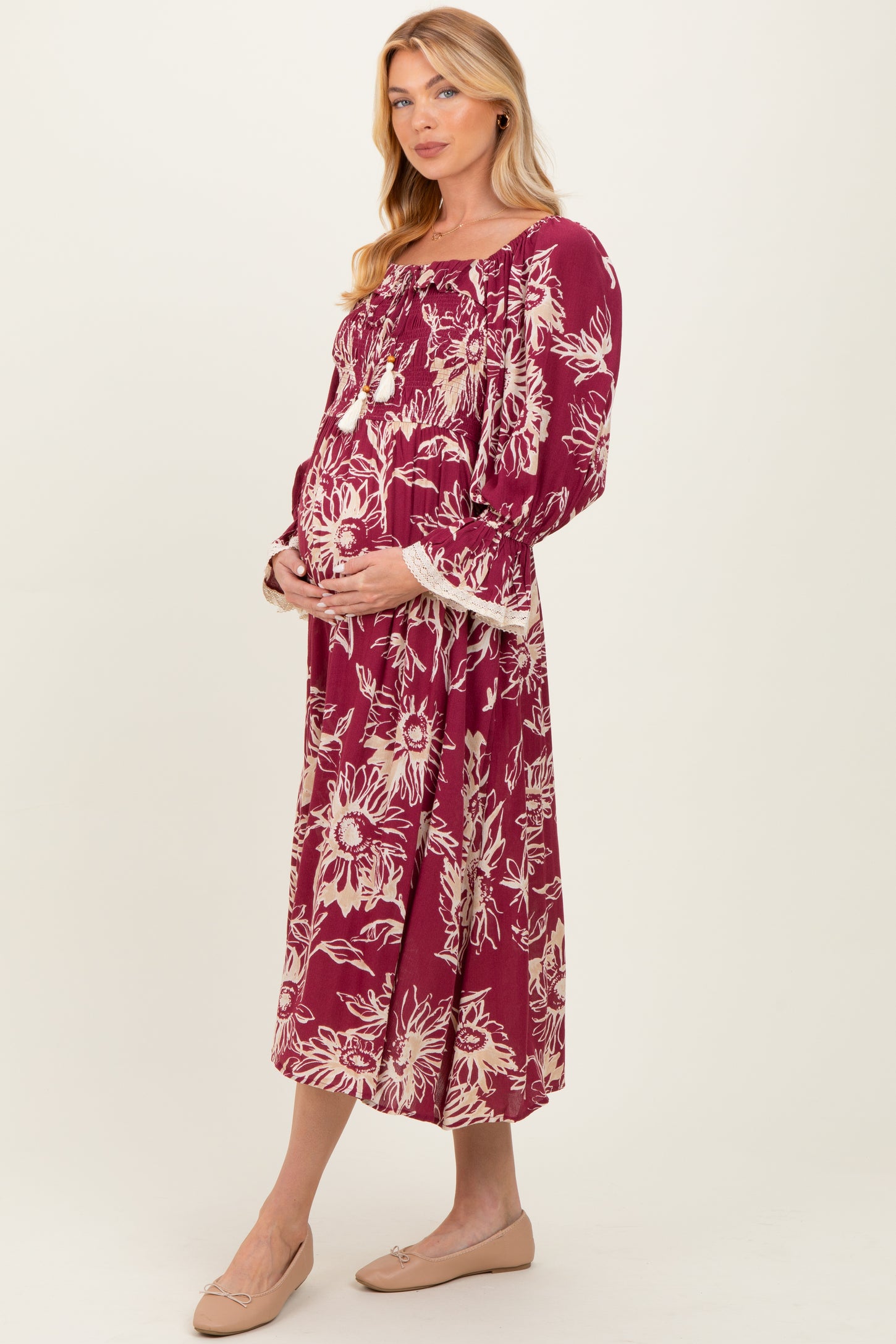 Burgundy Floral Smocked 3/4 Sleeve Maternity Midi Dress