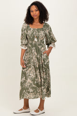 Olive Floral Smocked 3/4 Sleeve Midi Dress