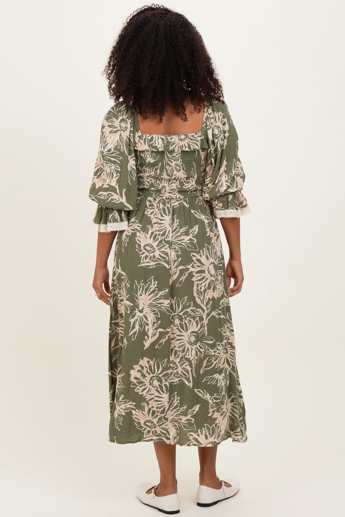 Olive Floral Smocked 3/4 Sleeve Midi Dress