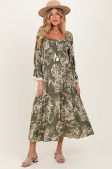 Olive Floral Smocked 3/4 Sleeve Maternity Midi Dress