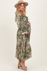 Olive Floral Smocked 3/4 Sleeve Maternity Midi Dress
