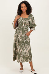 Olive Floral Smocked 3/4 Sleeve Maternity Midi Dress