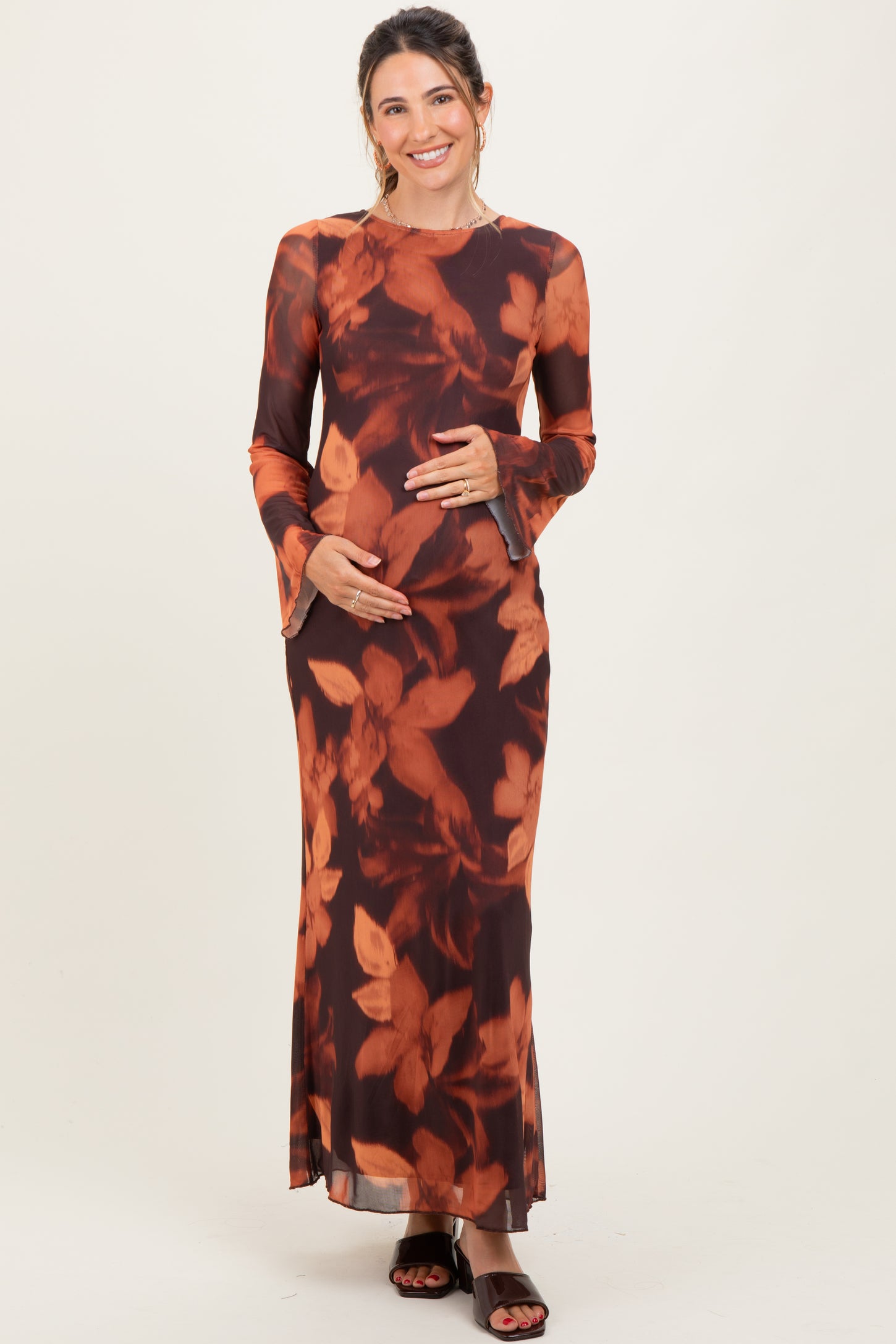 Burgundy Flora Mesh Overlay Maternity Maxi Dress