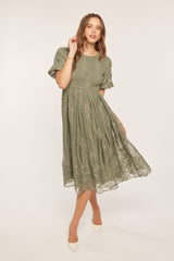 Light Olive Floral Lace Smocked Midi Dress