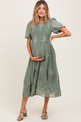Light Olive Floral Lace Smocked Maternity Midi Dress