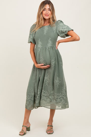 Light Olive Floral Lace Smocked Maternity Midi Dress