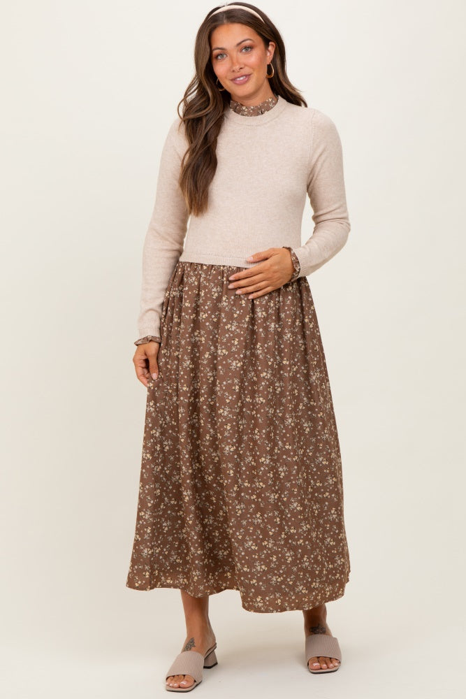 Beige Floral Contrast Knit Top Maternity Midi Dress