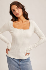 White Pointelle Knit Lace Trim Square Neck Top