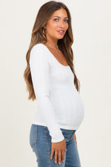 White Pointelle Knit Lace Trim Square Neck Maternity Top