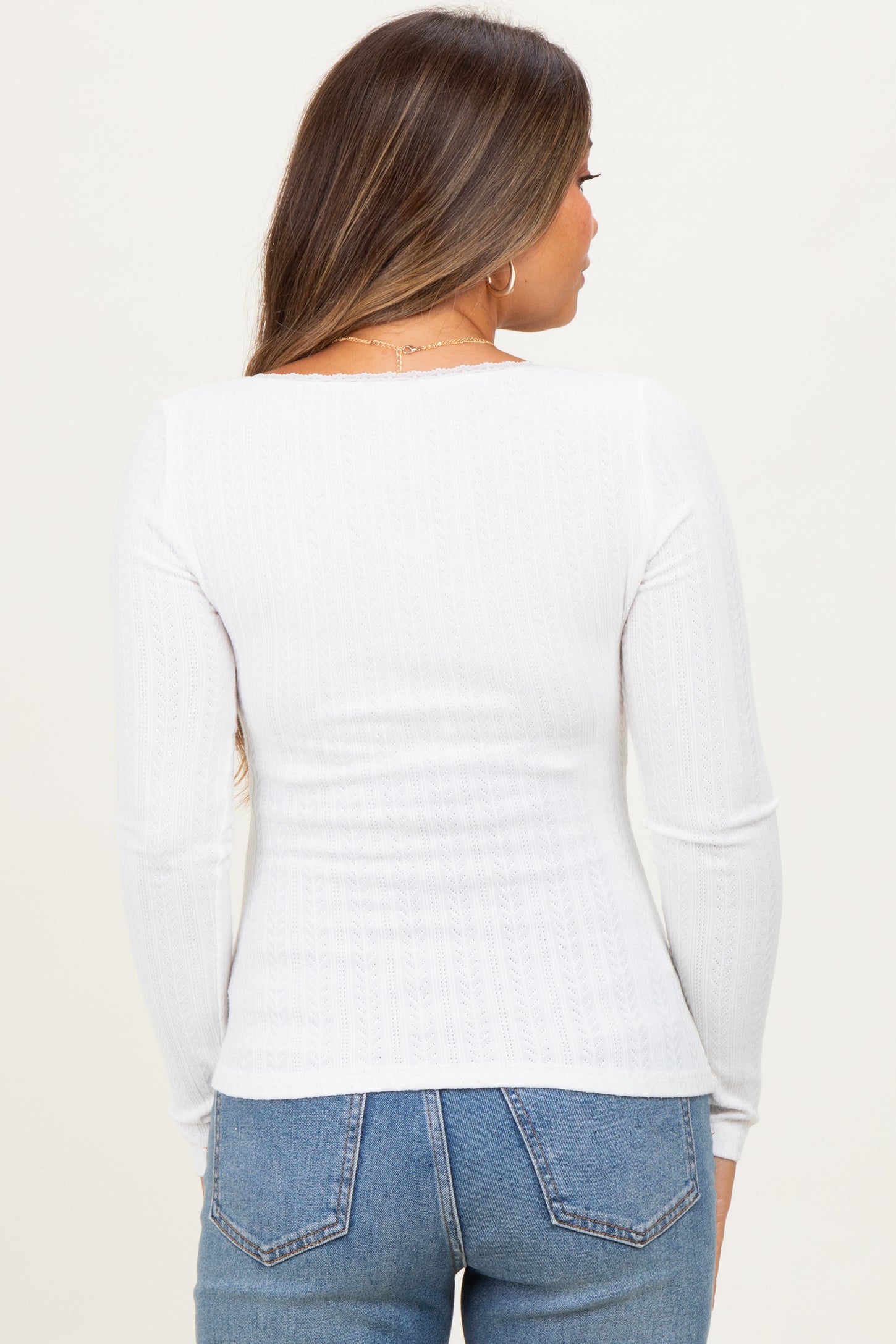 White Pointelle Knit Lace Trim Square Neck Maternity Top